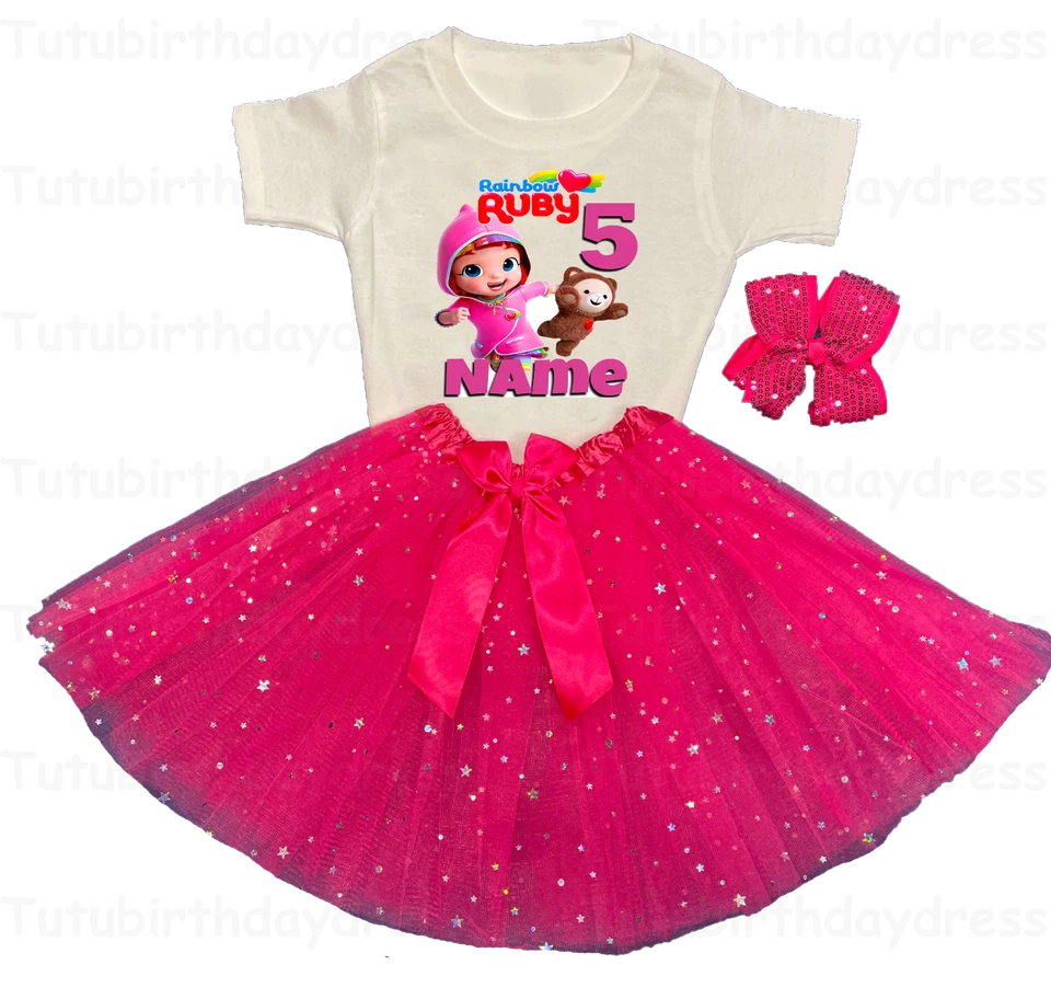 Rubí Arco Iris --Con NOMBRE-- 5 Quinto 5to Cumpleaños Tutú Conjunto FUCSIA Fiesta Camisa Foto 1 de 3