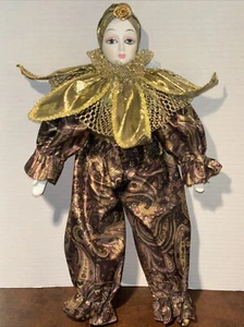 VTG 15.5” Harlequin Mardi Gras Jester Clown Porcelain Doll Gold Plum Poseable - Picture 1 of 22