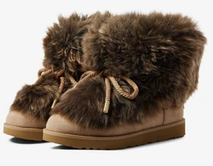UGG Classic Posh Mini Fur Booties Flat Boots Beachwood Long Sheepskin US Size 9 - Picture 1 of 6
