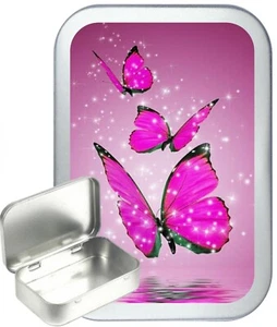 Pink Butterfly Pool Hinged Tin Gift Box, Jewellery, Wedding, Birthday, Party Bag - Picture 1 of 1