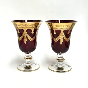Arte Italica Medici Ruby Red Water Goblet Glass 24K Gold Italy 2Pc Set - Picture 1 of 10