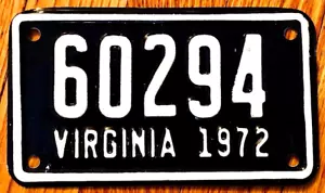 VINTAGE 1972 VIRGINIA MOTORCYCLE LICENSE PLATE—7" x 4" WHITE ON BLACK—60294—XLNT - Picture 1 of 5
