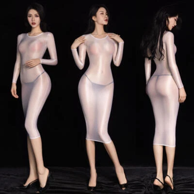 Womens Ultra Thin Sheer Shiny Bodycon Long Dress Nylon Lingerie Party Club Dress - Image 1 of 4