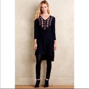 New! XS Anthropologie Akemi Kin Embroidered Navy "Shavin Tunic" Sweater Dress - Picture 1 of 6