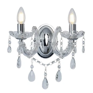 2 Light Bulbs Crystal Glass Chrome Wall Fitting Bracket Light Clear Crystal Drop - Picture 1 of 1