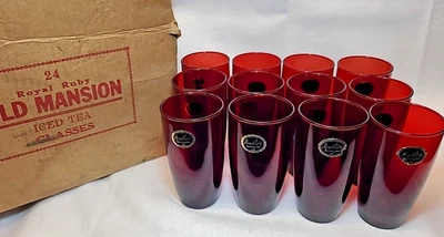 Set of 12 Vintage Anchor Hocking Royal Ruby Iced Tea Glasses w/ Stickers & Box - Image 1 of 4