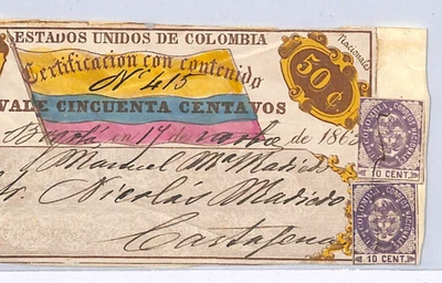 COLOMBIA Cover Front 50c FLAG CUBIERTA Used 1865? Cartagena UPRATED Stamps WX358 - Image 1 of 4