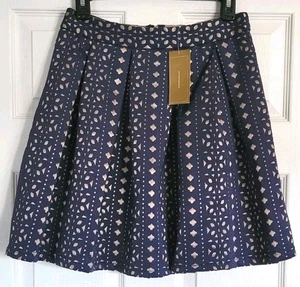 Francescas Blue Rain Skirt A Line Pleated Womens M Navy Blue Beige Cut Out Zip - Picture 1 of 7
