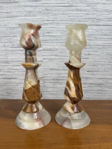 Vintage Onyx Stone Candle Holders Set Of 2 Hand Carved 8 in Brown And Cream - Picture 1 of 14