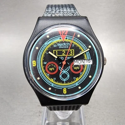 Swatch Navigator Watch Men 34mm Black Dial Black Tone Daydate Round New Battery - Image 1 of 4