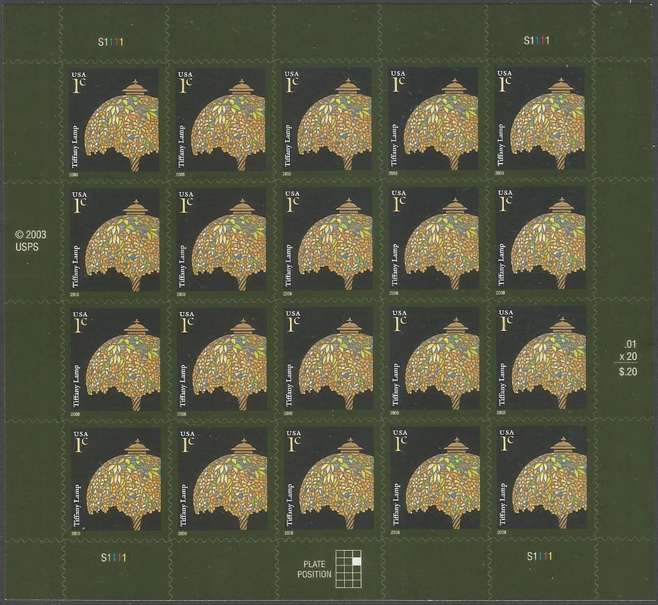 Sheet of 20 stamps - Scott 3749a - 1 cent - Tiffany Lamp - 2008 - MNH - Image 1 of 1