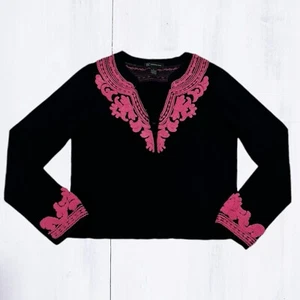 INC Cardigan Sweater Womens L Black Pink Cartouche Embroidered Barbie Core Goth - Picture 1 of 5