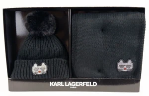 Karl Lagerfeld Paris Disco Kitty Black Beanie Knit Cap Scarf Set New In Box - Picture 1 of 6