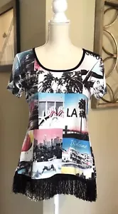 Top blusa donna STYLE & CO tunica PICCOLA S frange manica corta LA retro collage - Foto 1 di 8