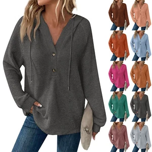 Women Hoodies Waffle Drawstring Button V Neck Long Sleeve Casual Pullover Tops - Picture 1 of 22