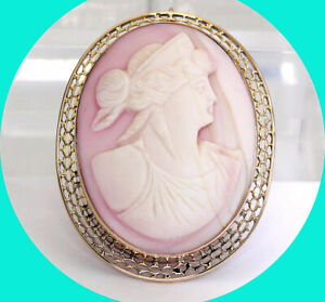 hand carved pink shell oval 1 5/8" Antique cameo pin pendant yellow gold unique