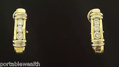 1ct Diamond Huggie Earrings 3Stone Channel Set 14K Yellow White Gold  - Image 1 of 4