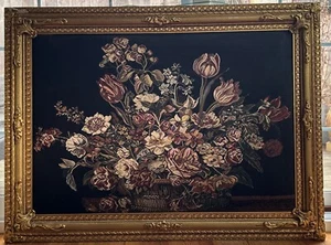 Large Beautifully Framed Basket of Flowers  Embroidered Needlepoint  44" X 33” - Picture 1 of 12