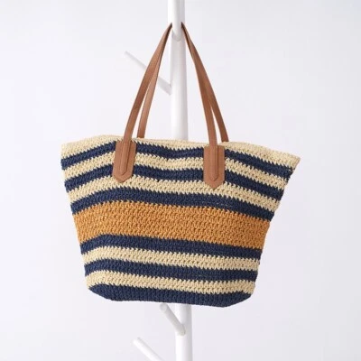 Hot Large Striped Straw Woven Tote Bag Beach Fashion Handbag Shoulder Bag - Image 1 of 4