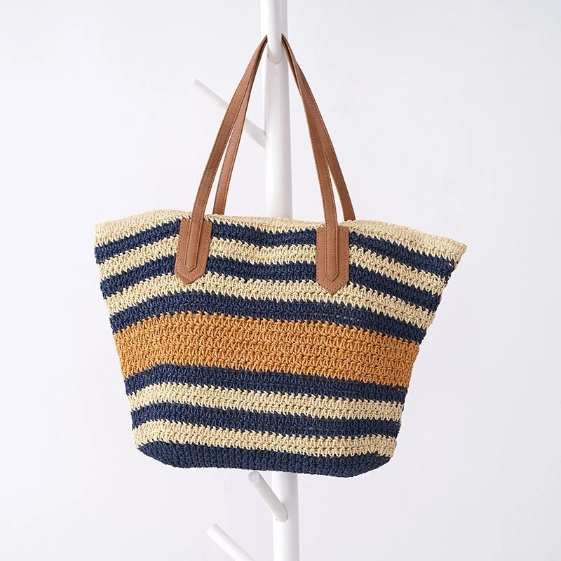 Hot Large Striped Straw Woven Tote Bag Beach Fashion Handbag Shoulder Bag - Image 1 of 4