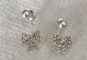 Elegante NEU 925 Sterling Silber Schleife Ohrringe mit Kristallglas & simulierter Perle - Bild 1 von 4