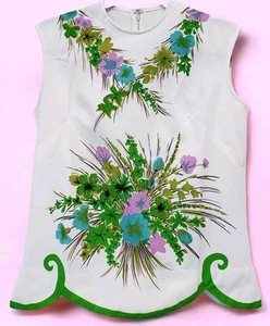 Vintage 60's Women's Sleeveless Multi-Color Floral Print Shirt-Sz L Hong Kong - Picture 1 of 7