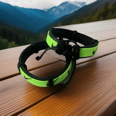 Nike Unisex Sports Leather Cord Tribal Bracelet Wristband Green With Black 2 Pcs - Image 1 of 2