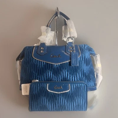NWT Rare Coach F20084 Gathered Satin Satchel & F48115 Zip Wallet Set Ocean Blue - Image 1 of 4