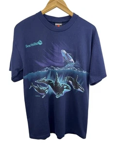 Vintage 90s Sea World Killer Whale Orca Wraparound Single Stitched Shirt Sz L - Picture 1 of 7