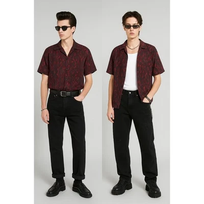 Camisa De Colección ODO Flames Seda Negra Años 90 Y2K Rockabilly Edgy Metálica Bordada M Foto 1 de 4