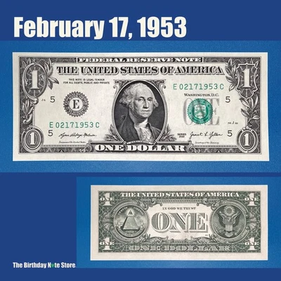 February 17, 1953 Birthday Anniversary $1 One Dollar Bill Serial Number 02171953 - Image 1 of 2