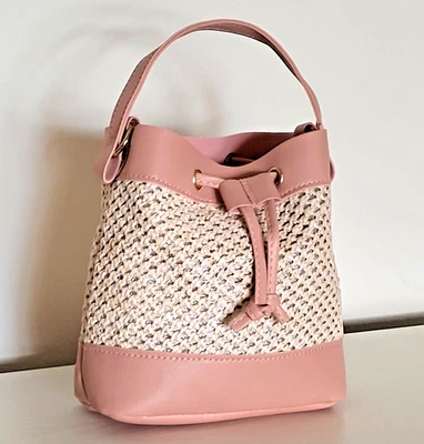 De Colección Mini Bolso Cubo Cartera con Cordón Cuero Vegano Tejido Bandolera de Hombro Rosa Foto 1 de 4