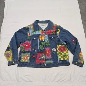 Chaqueta de mezclilla pintada bordada con retazos florales Susan Bristol vintage talla XL - Imagen 1 de 24