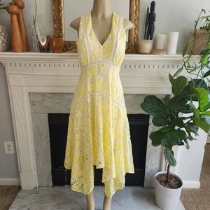 Abito midi pizzo giallo burro bianco orlo asimmetrico estivo femminile taglia 6 - Foto 1 di 10