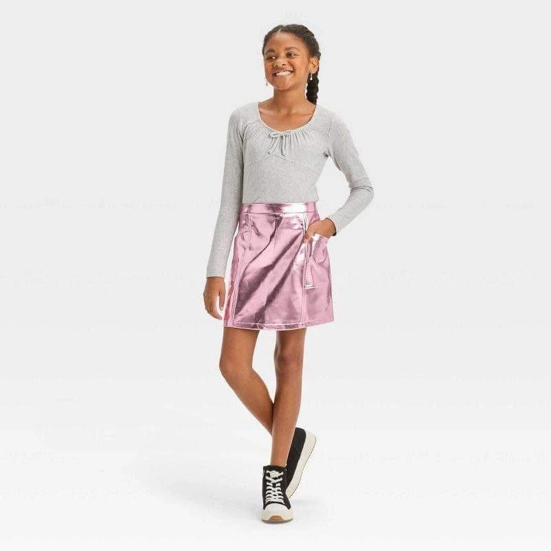 Art Class Girls' XL 14 Pink Metallic Faux Leather Mini Skirt Barbiecore