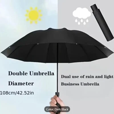 Paraguas plegable impermeable extra grande de 12 costillas a prueba de viento para mujer de negocios Foto 1 de 4
