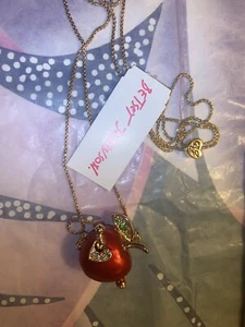 Betsey Johnson Back To School Red Apple Of My Eye Worm Locket Necklace NWT $58 - Picture 1 of 11