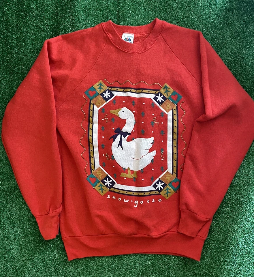 VTG 90s Fruit of the Loom Large Red Snow Goose Ugly Christmas Sweatshirt GUC - Image 1 of 4
