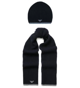 Emporio Armani Eagle Logo Rib-knit Dark Blue Beanie Hat & Scarf Set 8N1451 1MA9Z - Picture 1 of 4