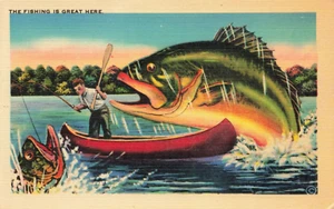 Postcard The Fishing is Great Here Large Boat Large Fish Canoe Comic Humor - Picture 1 of 2