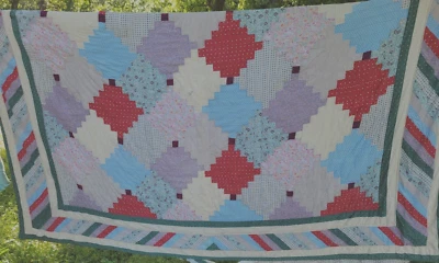 Vtg Patchwork hand stitched hand quilted cotton cutter quilt 89x99” Primitive - Image 1 of 4