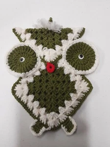 Owl Wall Hanging VTG Mid Century 1970’s Boho Crochet Knitted Green White - Picture 1 of 6