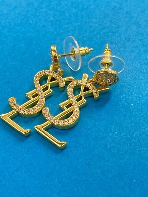 Yves Saint Laurent Gold YSL Logo Crystal Drop Earrings - Image 1 of 4