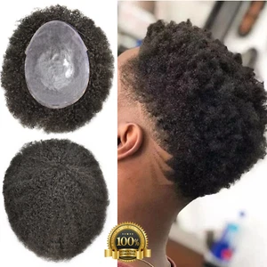 Mens Toupee Afro Curly Full Poly African American Black Real Human Hair Wig PU - Picture 1 of 14