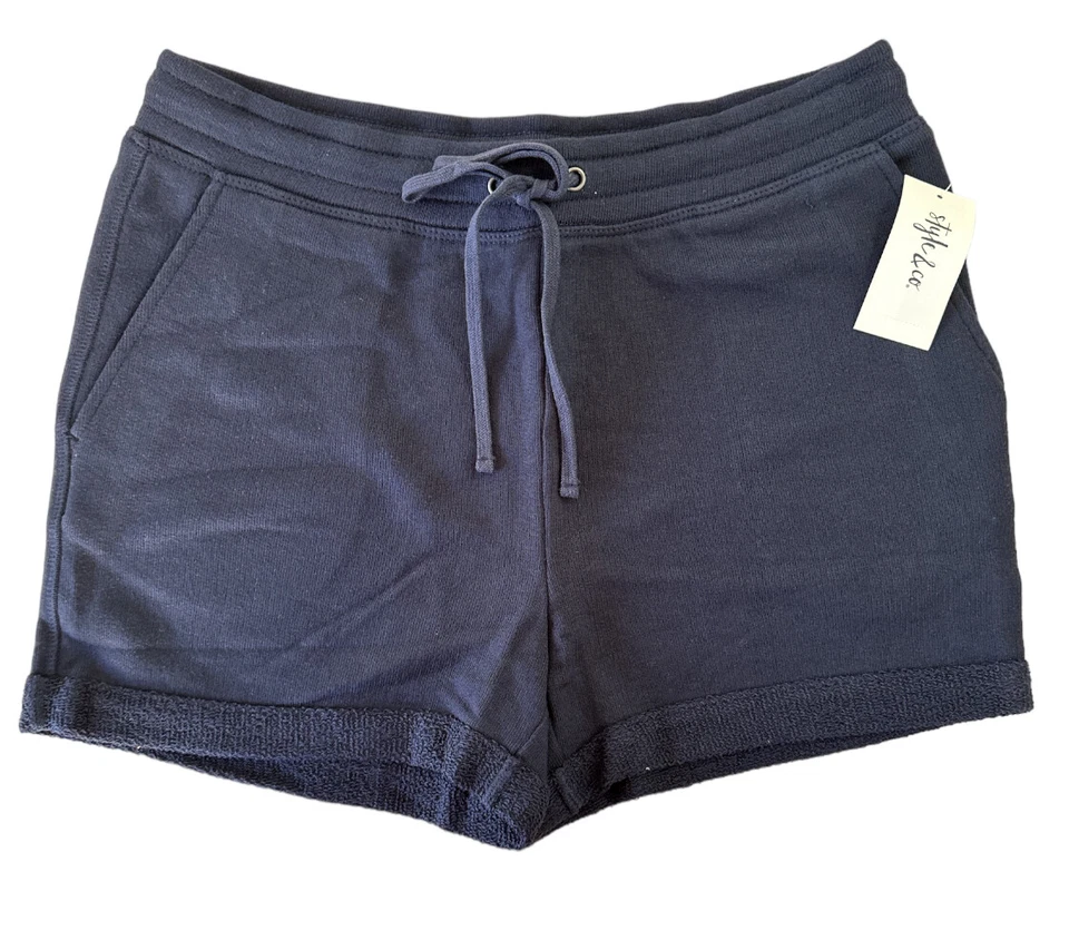 Style&co. Womens void Blue Drawstring French Terry Shorts Size XL Moment