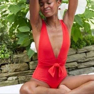 Aerie Plunge One Piece Swimsuit Tie Front Full Coverage Bottom Size Medium Tall - Picture 1 of 8