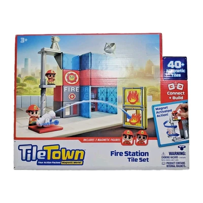 Tile Town Fire Station Tile Set, 40+ Magnetic Tiles + Firefighter Figures, NEW - Image 1 of 4