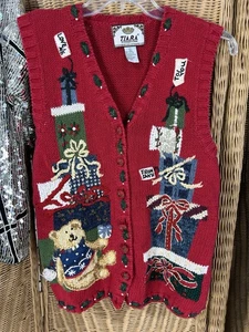Chaleco Suéter Vintage Tejido Tiara Regalos de Navidad Grande Oso de Peluche Rojo Feo - Imagen 1 de 11