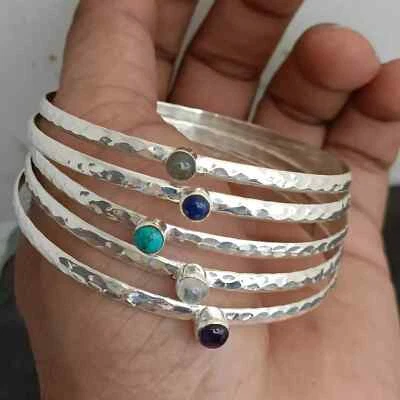 Multi Gemstone 5 Bangles Set 925 Sterling Silver Handmade Gift For Women - Image 1 of 4
