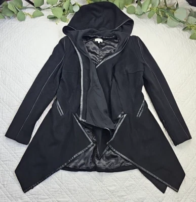 Chaqueta Blazer Valentina Shah Lana Cuero y Seda Negra Con Capucha Talla M Foto 1 de 4